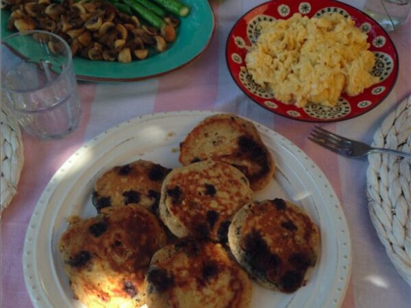 Child-friendly breakfast: Toasted coconut blueberry pancakes