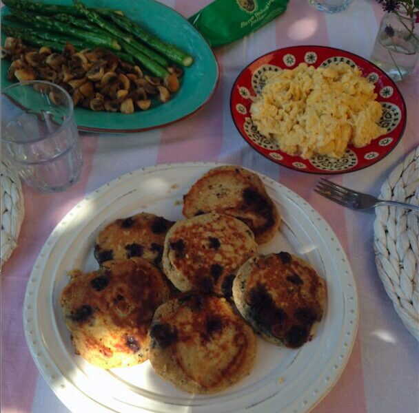 Child-friendly breakfast: Toasted coconut blueberry pancakes