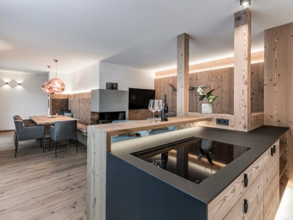 Kitchen inside luxury chalet at the South Tyrolean Nature Resort