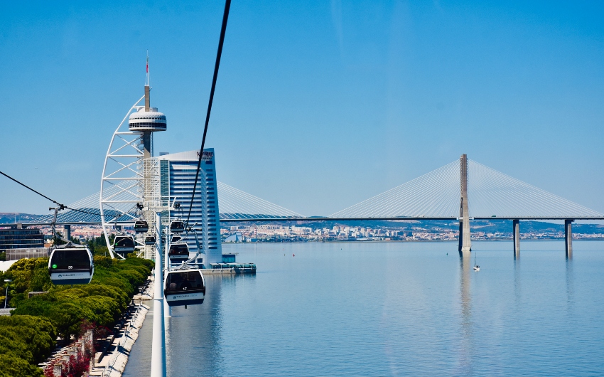 Bridget and cabe car over Targus River in Lisbon