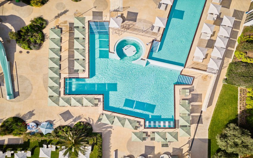 Drone view pool area at Falkensteiner Family Hotel Diadora