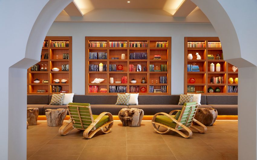 reception lobby with books and seating