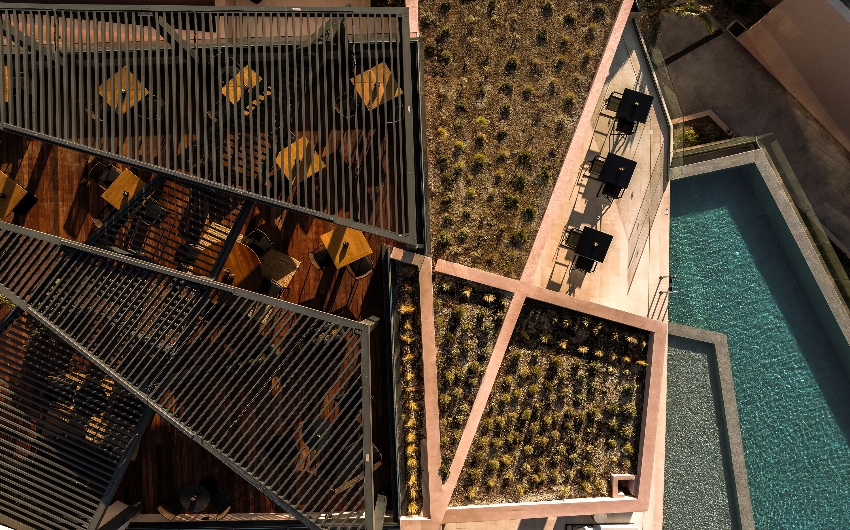 Aerial view of Vatanee Rooftop at Domos Novos Santorini